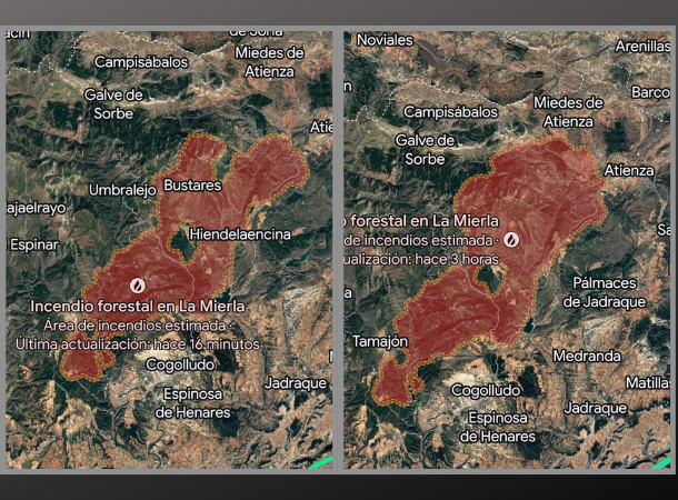 A la izquierda se puede ver la extensión del incendio en la mañana del lunes y a la derecha la situación en la mañana del martes/ Fuente: Google Maps evolucion incendio la mierla lunes- martes