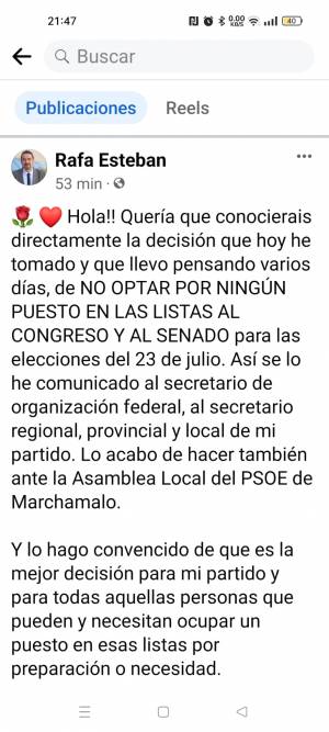 Rafael Esteban PSOE GU Marchamalo Senador Renuncia 23J 2