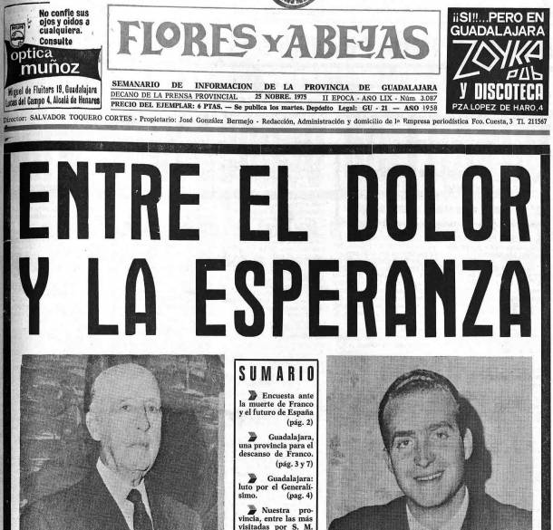 Portada del semanario de Guadalajara, 'Flores y Abejas' tras el fallecimiento de Franco y proclamación como rey de Juan Carlos de Borbón. Flores y Abejas muerte de Franco 2